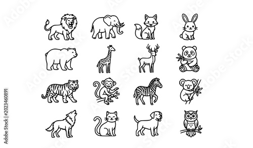 Photography Minimal Animal Outline Vector Bundle with Cute Wildlife and Pet Character Line A