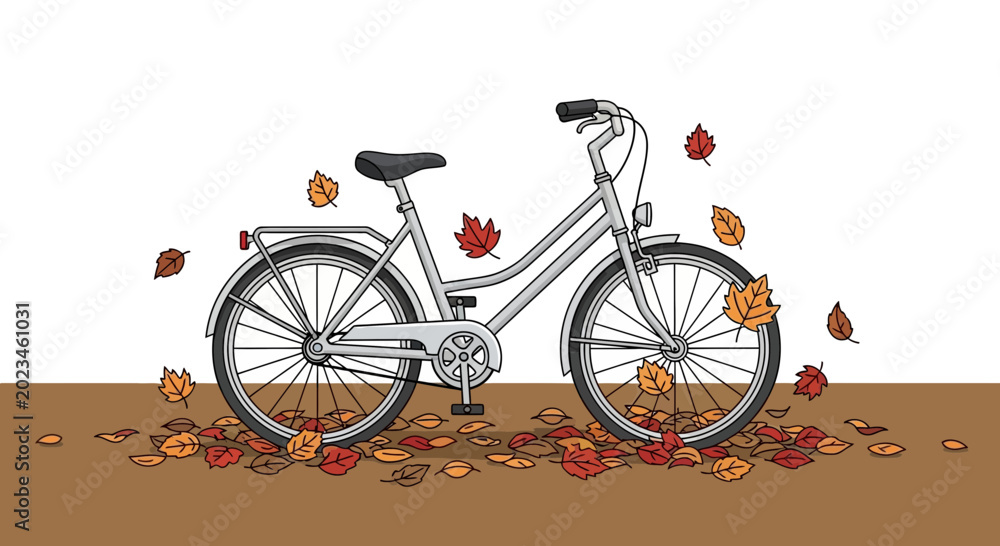 Fototapeta premium Vintage Bicycle Surrounded by Falling Autumn Leaves, Outdoor Scene