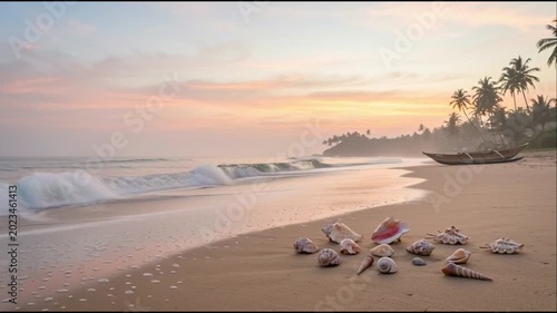 Tropical beach sunrise with seashells and gentle ocean waves.