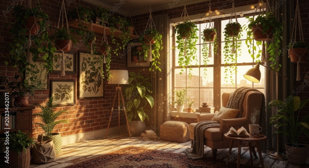 Fototapeta premium Cozy interior with plants sunlight and comfortable seating creating a relaxing scene