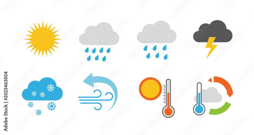 Obraz premium Weather icons set including sun rain snow and temperature on transparent background