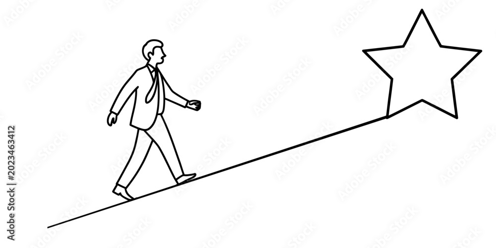 Fototapeta premium Businessman walking up a line to reach a big star isolated on white background, Vector