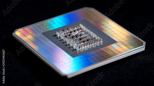 Close-up of a single AI processor wafer reflecting rainbow interference patterns under inspection lighting, fine bond wires catching the gleam, placed on a black velvet surface, perfect for AI chip