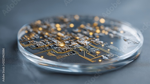 Extreme close-up of photolithography mask resting on a clean glass surface, razor-sharp circuit geometry etched in chrome catching cold laboratory light, perfect for AI semiconductor chip