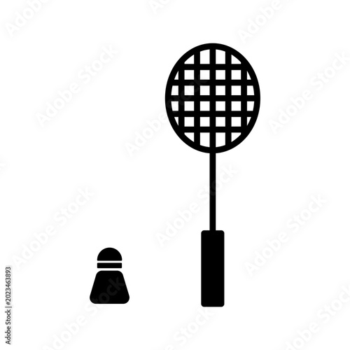 Badminton racket and shuttlecock silhouette icon isolated on white background