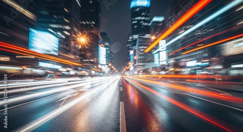 Abstract Night Cityscape with Light Trails and Motion Blur Effect.