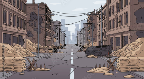 Tableau sur toile Post-apocalyptic city street vector illustration with barricades and destroyed b