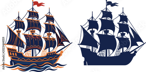 Foto Antique Sailing Ship Vector Illustration Set Featuring a Decorative Galleon and