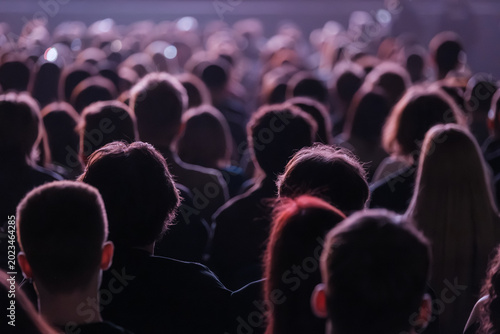 Large crowd watching live show, silhouettes in dim theatre lighting, sense of anticipation and unity.