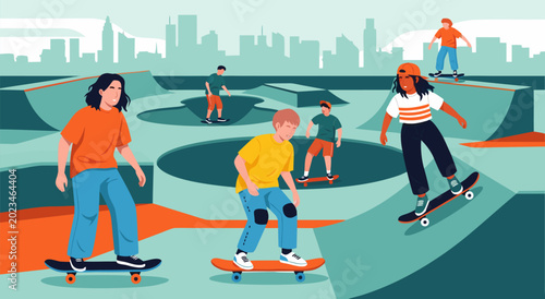 Canvas Print Dynamic vector illustration of skateboarders enjoying a skatepark, capturing the