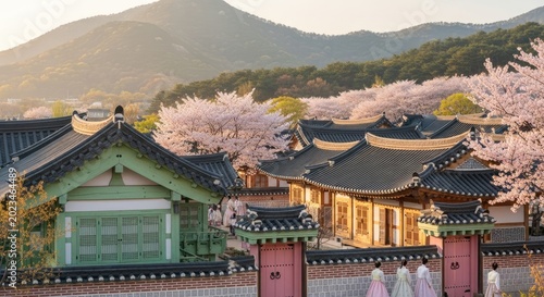 Beautiful Korean Temple Surrounded by Cherry Blossoms and Mountains at Sunset.