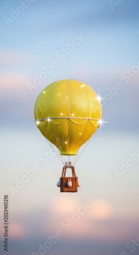 Yellow Hot Air Balloon Floating in Sky.