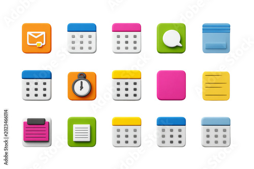 A collection of colorful calendar and office icons on a black background