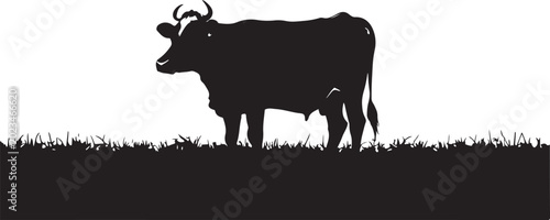 Silhouette illustration of a domestic cow standing peacefully on grass field in nature.