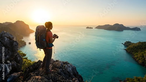 Female backpacker using binoculars to view tropical islands from cliff top