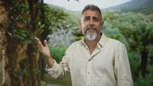 Foto Man speaking with hand raised near face in forest setting, wearing beige linen shirt and gray beard visible, gesturing while talking; frustration plea