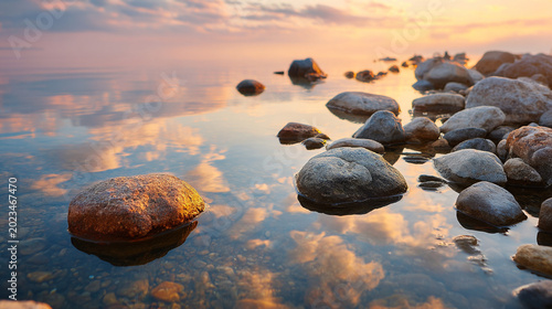 Calm ocean water reflecting sunset clouds over smooth pebbles on shore