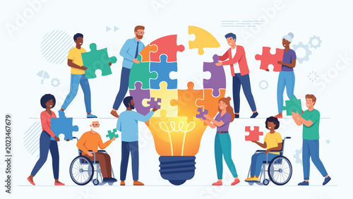 Diverse Team of Professionals Collaborating to Assemble a Large Colorful Lightbulb Puzzle, Representing Innovation, Creative Problem Solving, Inclusivity, and Successful Business Teamwork Concept