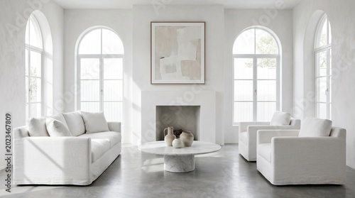 Elegant white living room with fireplace, sofa, and armchairs