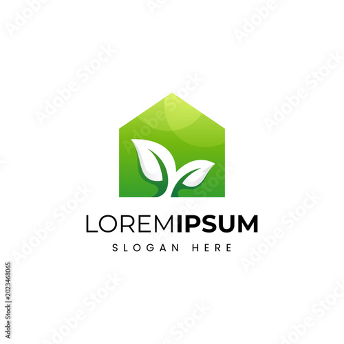 Natural leaf plant house logo with green color vector design style suitable for green housing, plant house and others