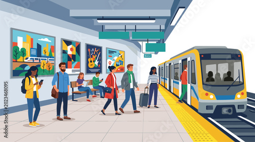 Passengers exit a vibrant yellow and blue train onto a station platform while others wait, with diverse artistic posters displayed on the wall.