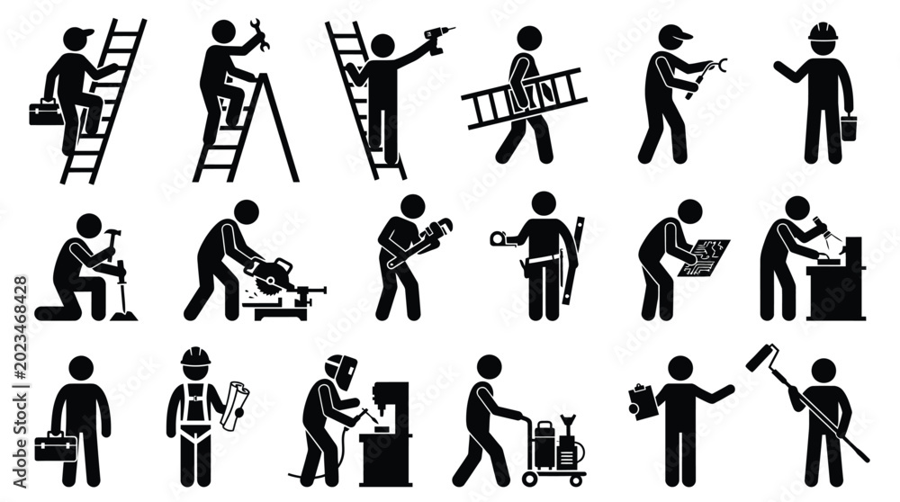 Obraz premium Construction maintenance crew and professional handyman tools black icon set pack.