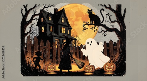 Vintage Haunted Halloween Scene Under Harvest Moon
