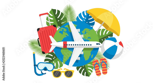 Slika na platnu Airplane with travel accessories globe.