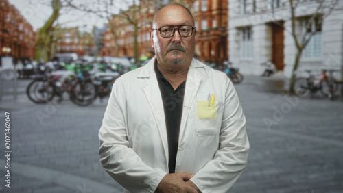 Εκτύπωση καμβά Man doctor in white coat with hands clasped, yellow pen in chest pocket, standing on urban street with bicycles and redbrick buildings; serious dignity