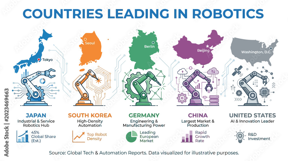 Fototapeta premium Countries leading in robotics global tech industry automation and manufacturing