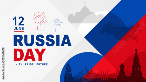 Photography Russia Day 12 June celebration banner with Russian flag, Kremlin skyline and country map silhouette