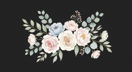 Delicate watercolor floral arrangement with soft pastel roses and eucalyptus leaves on black background.
