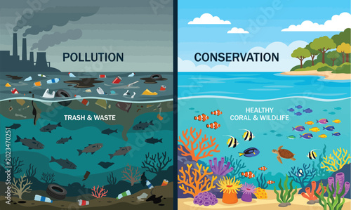 Pollution vs Conservation: Marine Life, Coral Reefs, Trash, Factories, Healthy Ocean Ecosystems isolated on White Background