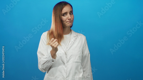 Photos Woman in white coat points finger to chest in studio and later raises index with a clenched hand, conflicted expression; apology