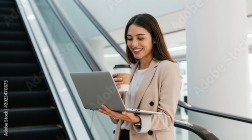 Smiling woman holds coffee and laptop while standing near escalator in modern office building. Female employee works on computer, enjoys beverage, moves between floors in corporate workspace.