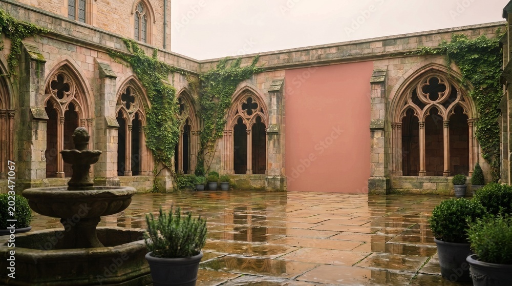 Fototapeta premium Courtyard with fountain and ivy-covered walls in rainy weather 