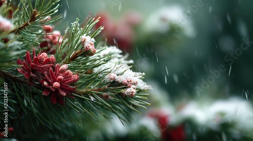 Spring snow ice thaw, end of Winter Season, hope, fresh start. A closeup of a pine tree branch covered in snow, with snowflakes gently falling from the sky. The pine tree is adorned with red flowers.