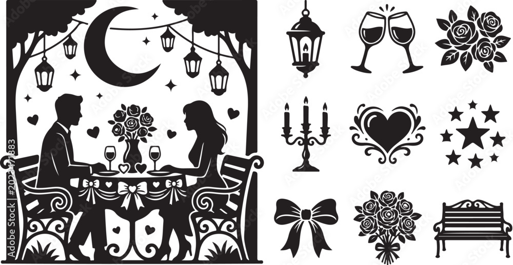 Fototapeta premium Romantic Vector Icons, Wedding Symbols, Love Clipart Set