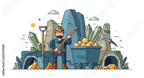 Fotografi Miner with Pickaxe and Cart Full of Gold in Crystal Mine
