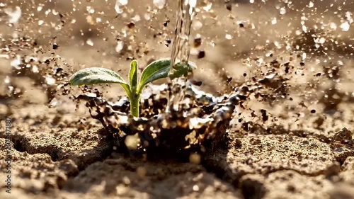 Precision water drops falling on green seedling in dry desert soil