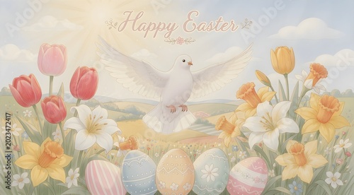Peaceful Easter Illustration with Dove and Flowers