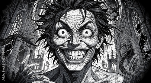 Manic Grinning Phantom Staring Through Gothic Darkness