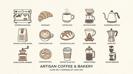 Coffee and bakery line art icons