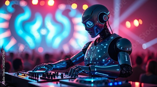 Futuristic robot DJ performing live music set at neon night club party.