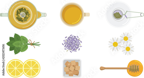Foto Herbal Tea Ingredient Vector Set Featuring Mint, Lavender, Chamomile, Lemon, Hon