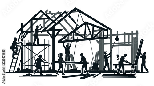 Φωτογραφία Silhouette illustration of construction workers building a wooden house frame