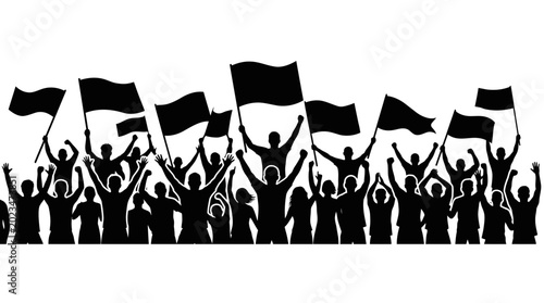 Valokuva Silhouette of a cheering crowd with raised flags.