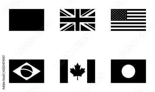 Set of 6 National Flags Icons, United States, UK, Japan, Brazil, Canada, Simple Vector Graphics