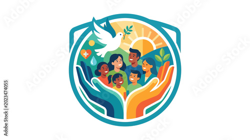 Принти на полотні Diverse group of happy people protected by large caring hands illustration
