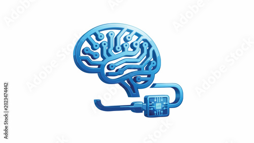 Modern 3D Blue Glossy Vector Icon of a Human Brain with Circuit Board Patterns Connected to a Microchip Processor, Concept for Artificial Intelligence, Machine Learning, and Neural Technology.